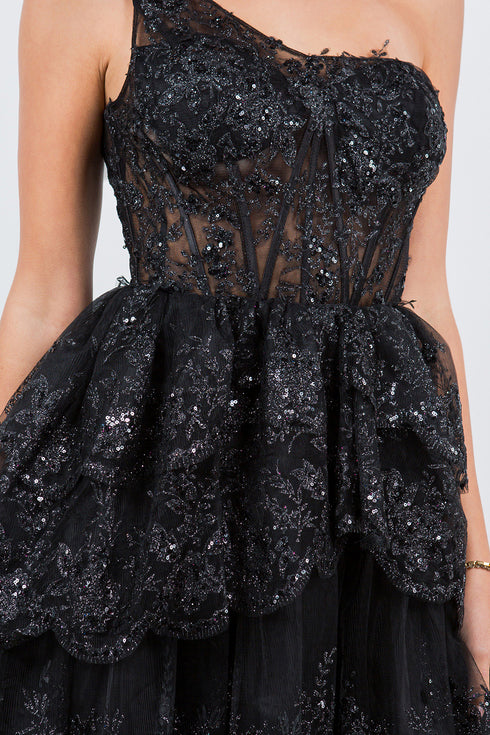 Lace One-Shoulder Tiered Skirt Cocktail Dress for Women 4/XS-16/3X